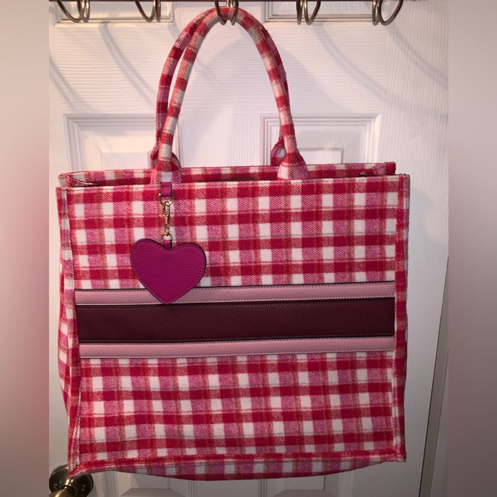 Cato Plaid Pink Tote Bag with Heart Charm & smaller pouch